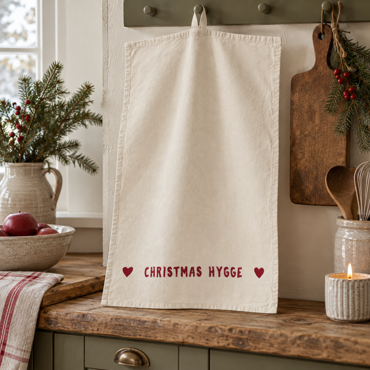 Geschirrtuch „Christmas Hygge“ Baumwolle Natur Rot 50x70cm – Ambienteansicht nah
