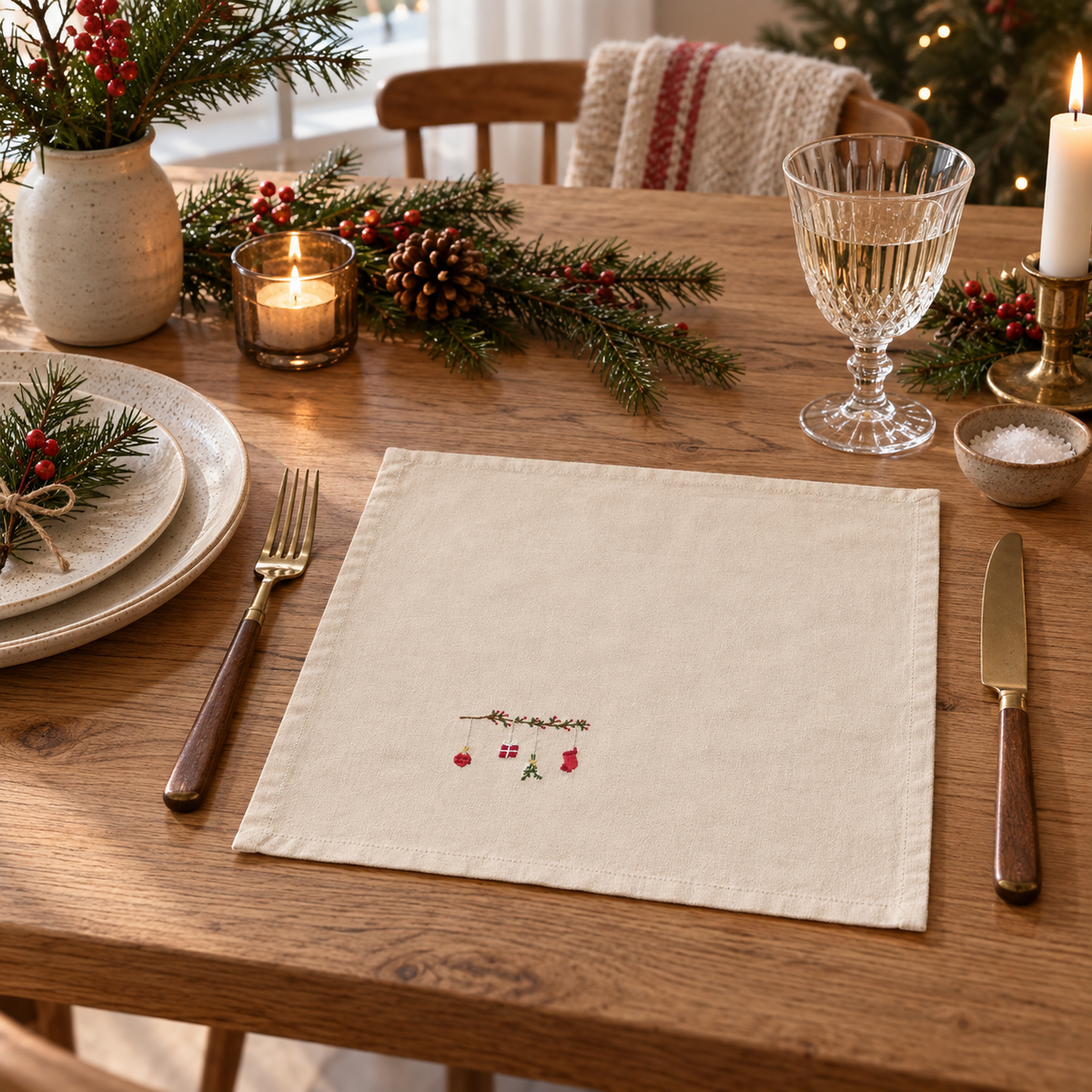 Stoffserviette „Tradition“ bestickt Baumwolle Natur 40x40cm – Ambienteansicht im Raum