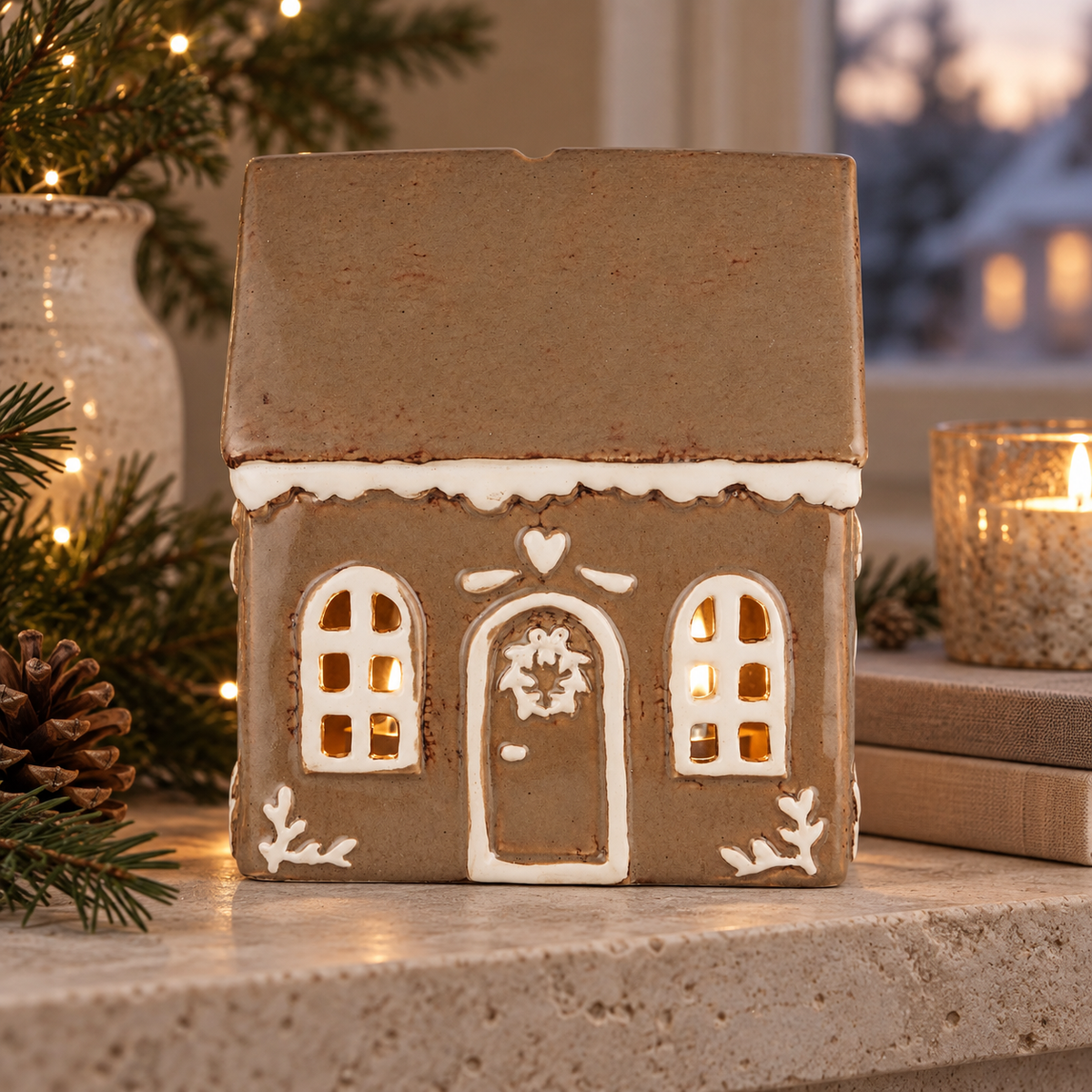 Teelichthaus „Gingerbread“ Türkranz Steingut 14cm – Ambienteansicht nah