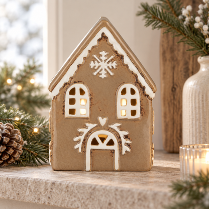 Teelichthaus „Gingerbread“ Schneekristall Steingut 15,5cm – Ambienteansicht nah