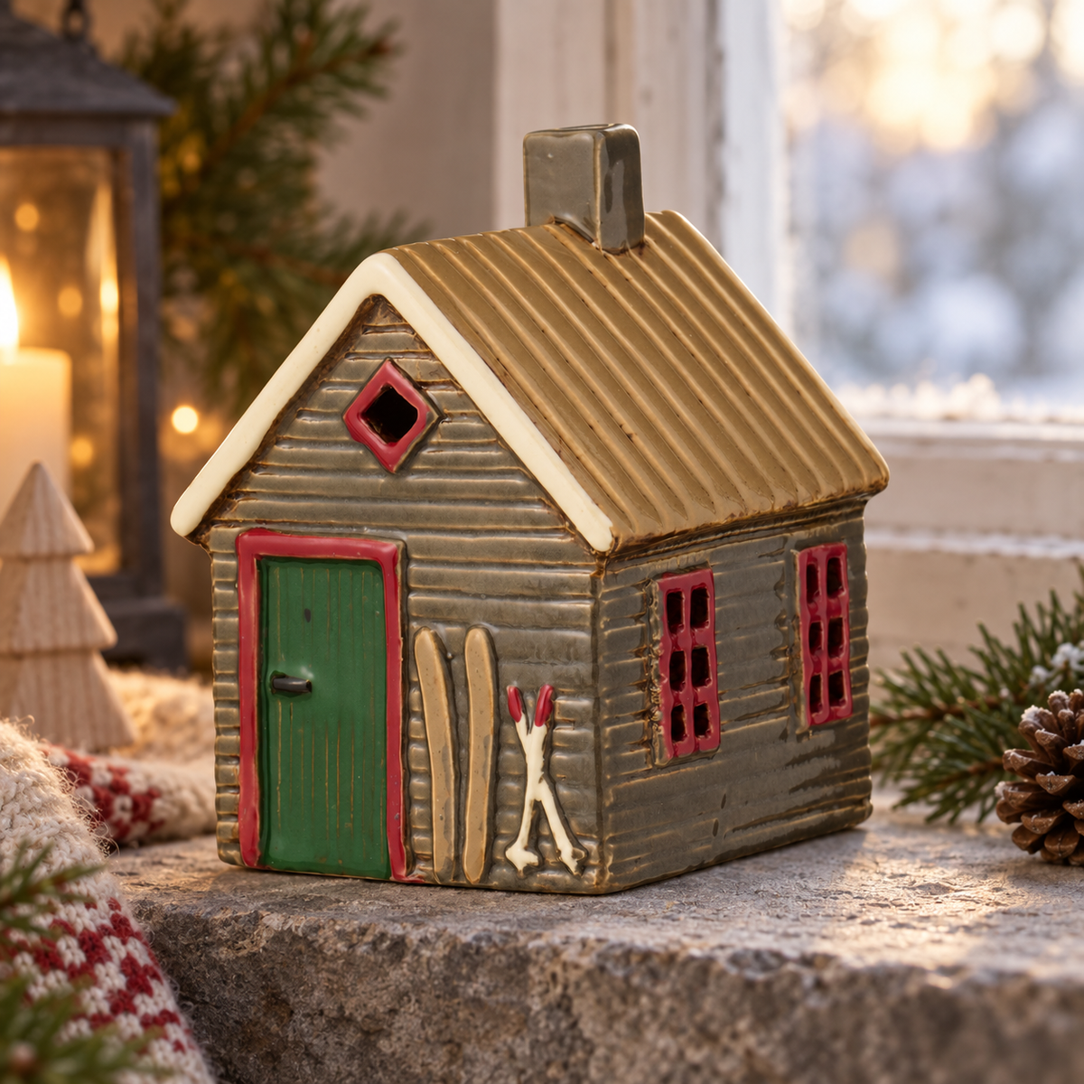 Teelichthaus „Skihütte“ Steingut 12cm – Ambienteansicht nah