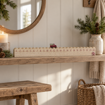 Adventskalender „Weihnachtsfahrt“ MDF 1–24 50cm – 2 Varianten – Ambienteansicht im Raum