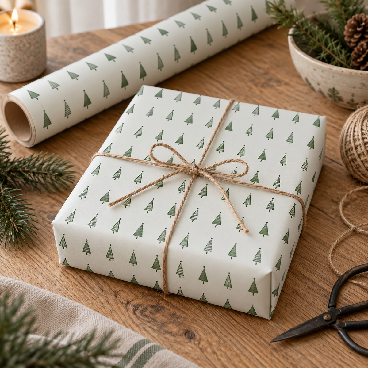 Geschenkpapier „Weihnachtsbäume“ Grün 5m-Rolle – Ambienteansicht nah