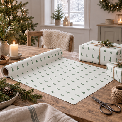 Geschenkpapier „Weihnachtsbäume“ Grün 5m-Rolle – Ambienteansicht im Raum