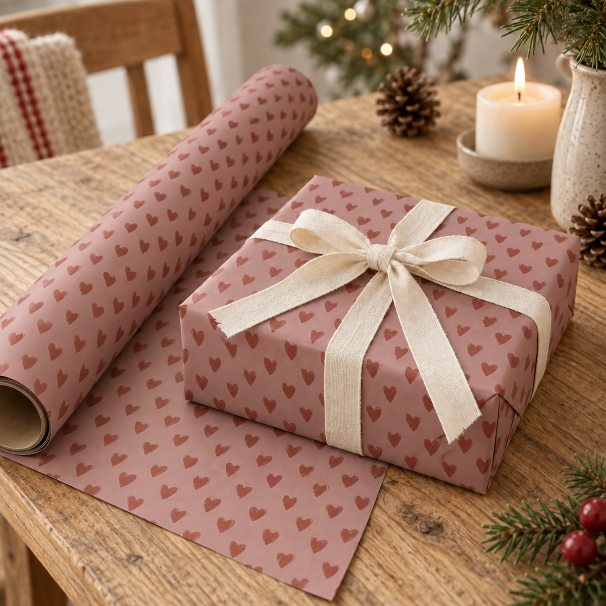 Geschenkpapier „Herzen“ Desert Rose Rot 5m-Rolle – Ambienteansicht nah