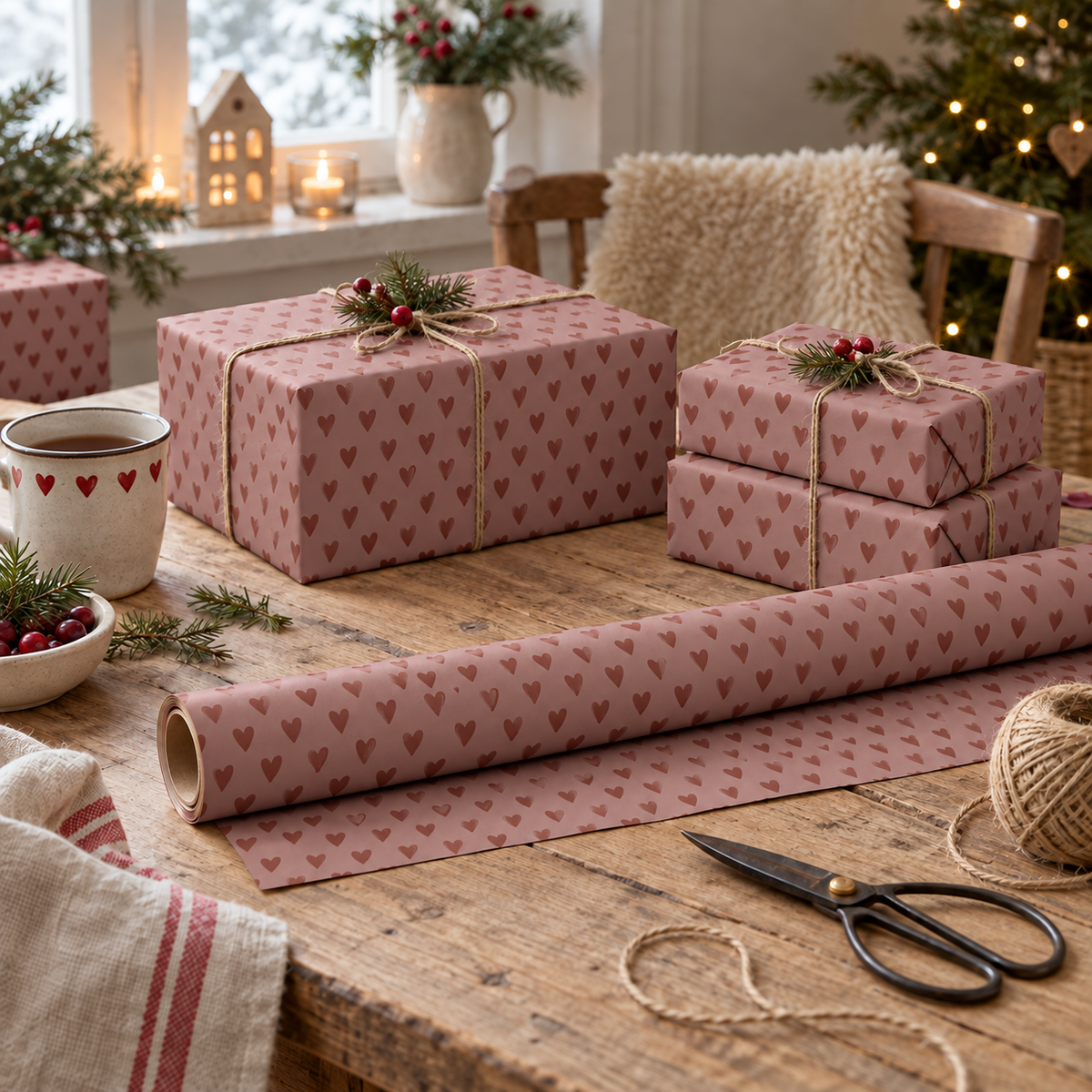Geschenkpapier „Herzen“ Desert Rose Rot 5m-Rolle – Ambienteansicht im Raum