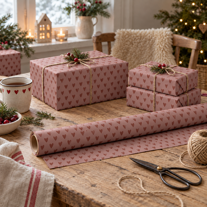 Geschenkpapier „Herzen“ Desert Rose Rot 5m-Rolle – Ambienteansicht im Raum