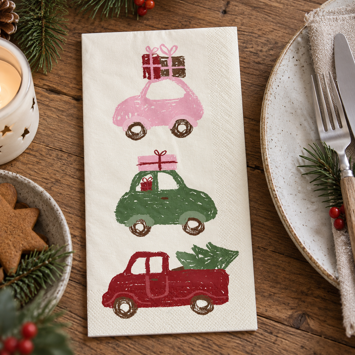Papierservietten „Weihnachtsheimweg“ 16er-Pack 10x20cm – Ambienteansicht nah