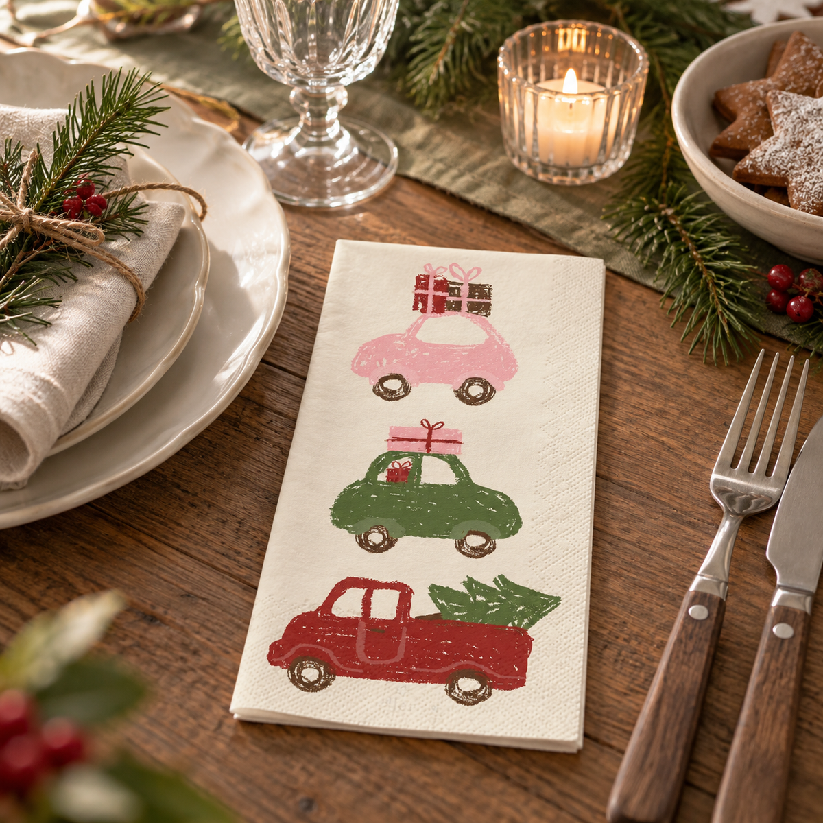 Papierservietten „Weihnachtsheimweg“ 16er-Pack 10x20cm – Ambienteansicht im Raum