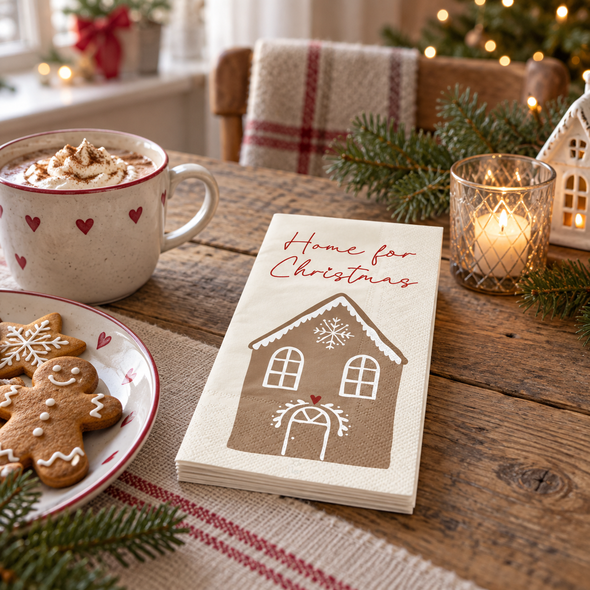 Papierservietten „Lebkuchenhaus“ 16er-Pack 10x20cm – Ambienteansicht im Raum