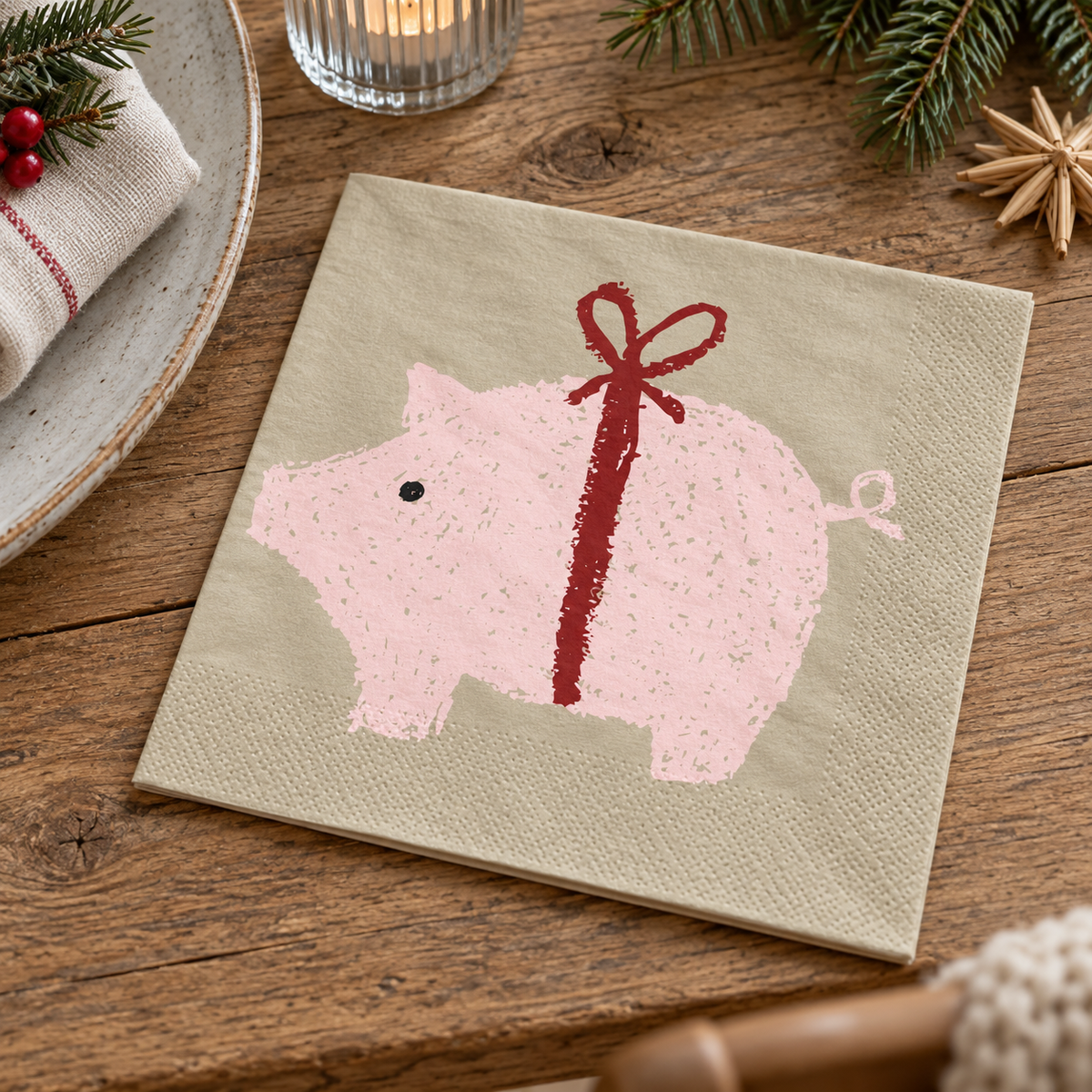 Papierservietten „Weihnachtsschwein“ 20er-Pack 16,5x16,5cm – Ambienteansicht nah