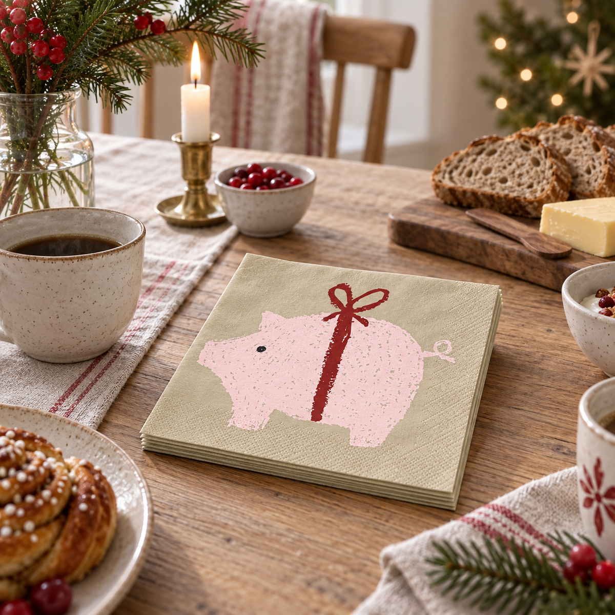 Papierservietten „Weihnachtsschwein“ 20er-Pack 16,5x16,5cm – Ambienteansicht im Raum