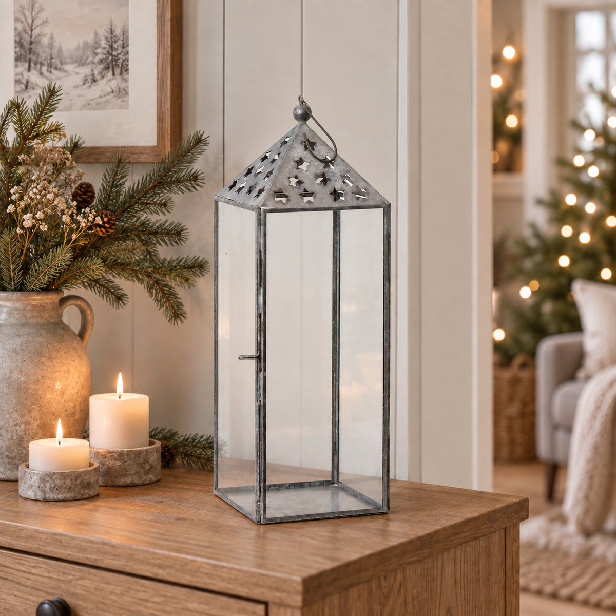 Laterne „Sternenlicht“ groß Metall Glas 30cm – Ambienteansicht im Raum