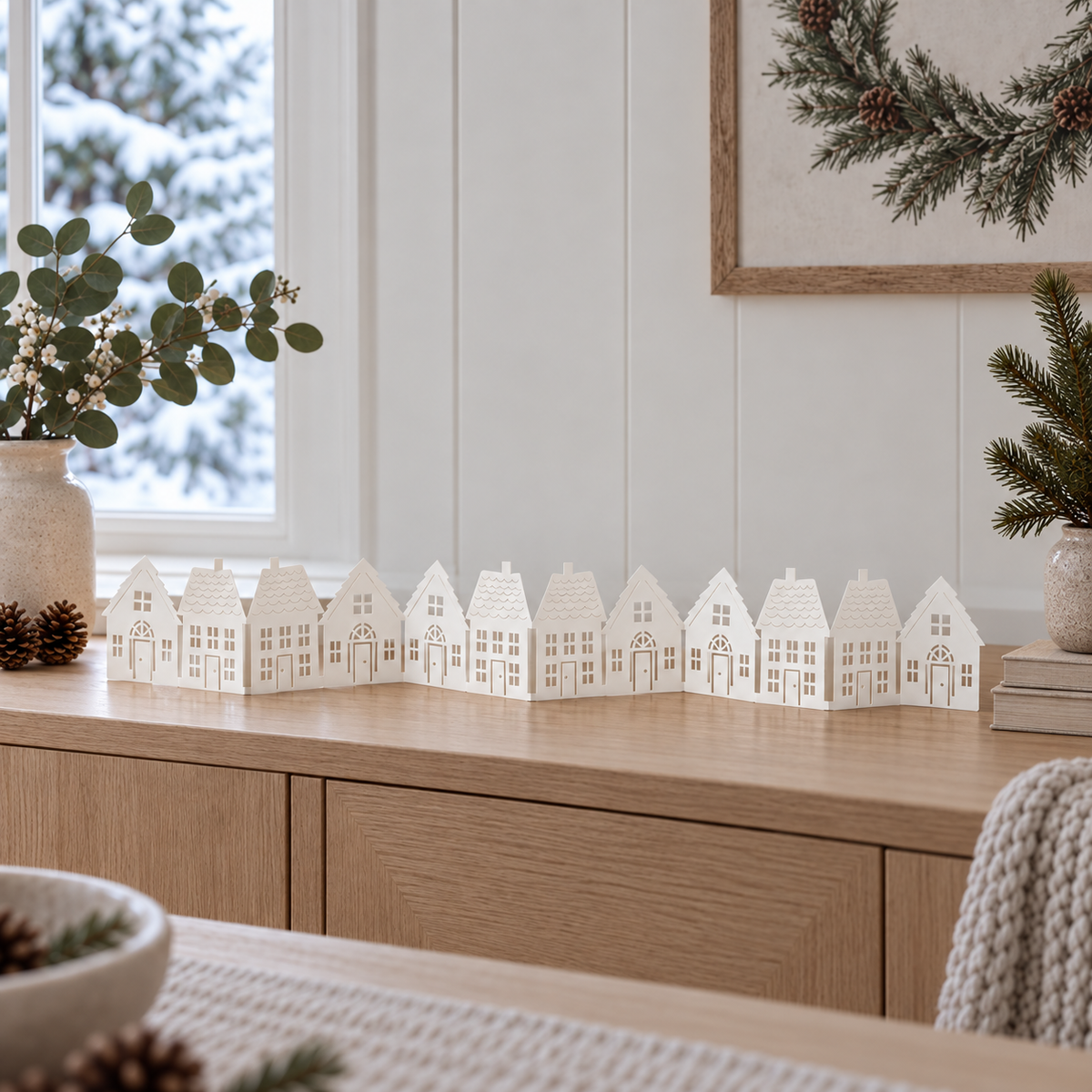 Papierhäuser „Wintergasse“ faltbare Tischdekoration 69cm – Ambiente weit · Proportionen korrigiert