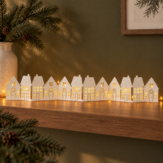 Papierhäuser Wintergasse mit warmweißer Copper Glow Lichterkette dahinter – Nahansicht auf dem Holzregal
