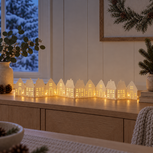 Papierhäuser Wintergasse mit warmweißer Copper Glow Lichterkette dahinter – Abendstimmung am Fenster