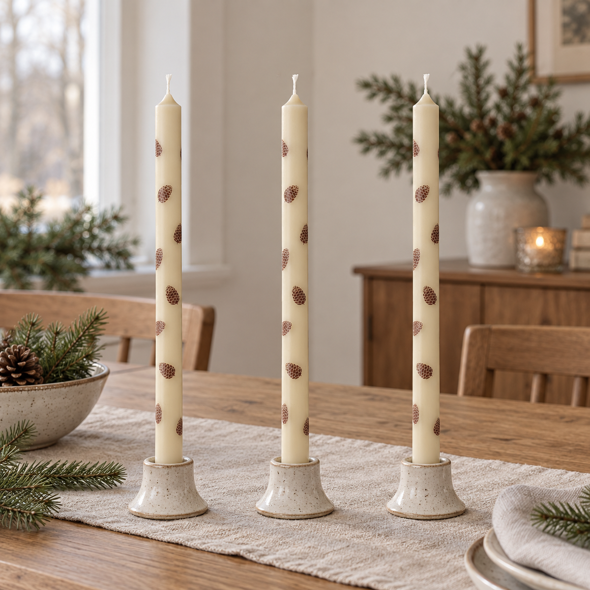 Dünne hohe Kerzen „Zapfen“ Stearin 20cm 3er Set – Ambienteansicht im Raum