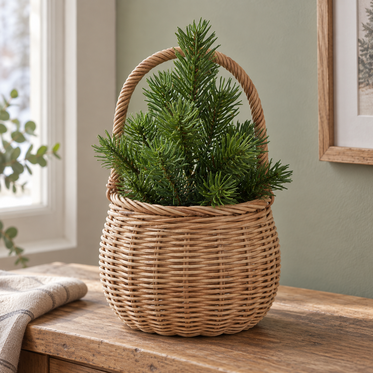 Korb „Rotkäppchen“ Rattan Natur mit Henkel 14cm – Ambiente · eigene 22-cm-Tanne im Korb
