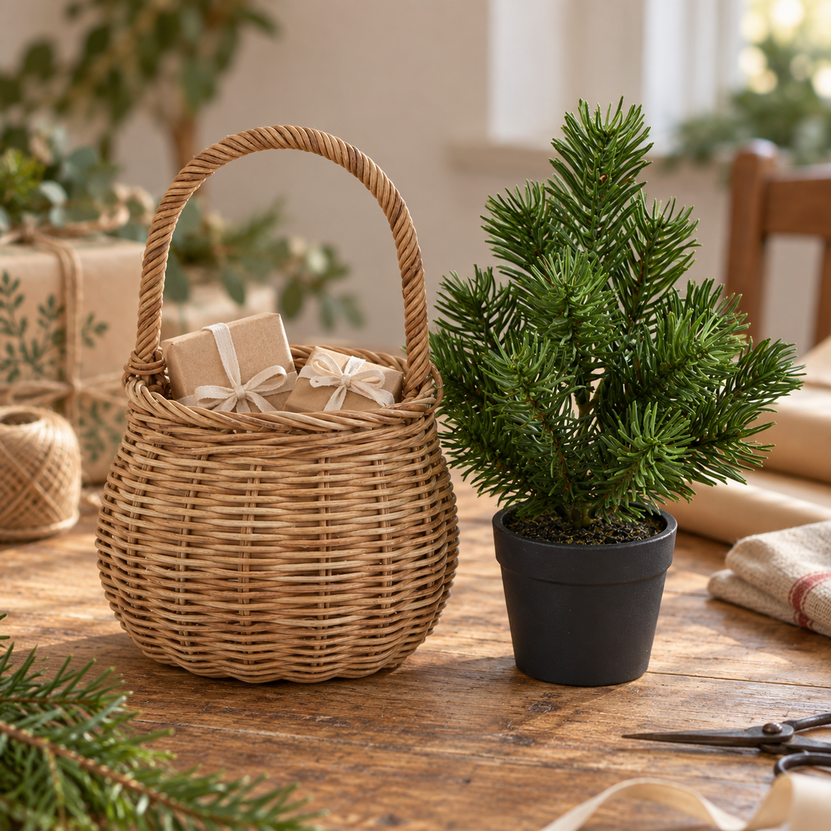 Korb „Rotkäppchen“ Rattan Natur mit Henkel 14cm – Ambiente · Geschenkkorb neben eigener Tanne