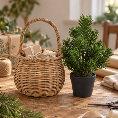Korb „Rotkäppchen“ Rattan Natur mit Henkel 14cm – Ambiente · Geschenkkorb neben eigener Tanne