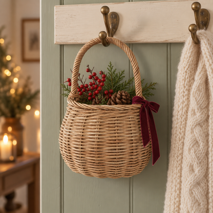 Rotkäppchen an einer weihnachtlichen Hakenwand mit kleinen Beerenzweigen und Zapfen