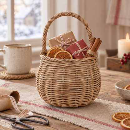 Rotkäppchen auf einem Holztisch mit kleinen Weihnachtsgeschenken und getrockneten Orangenscheiben