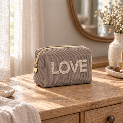 Kosmetiktasche „Love“ Cord Cappuccino Mokka – 2 Farben – 4