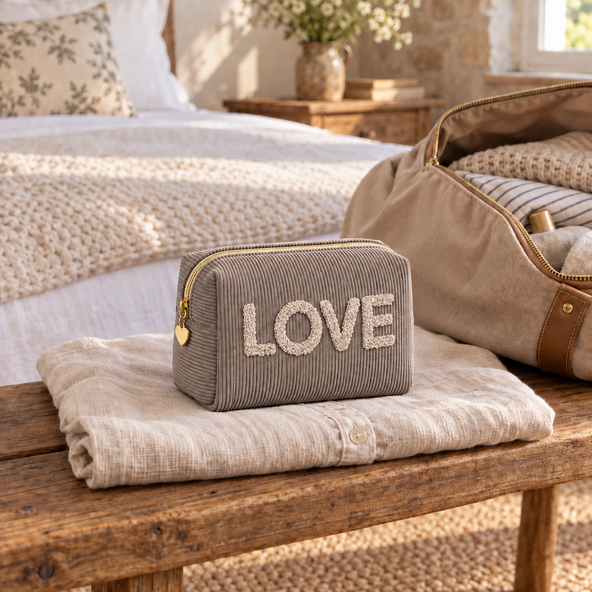 Kosmetiktasche „Love“ Cord Cappuccino Mokka – 2 Farben – 5