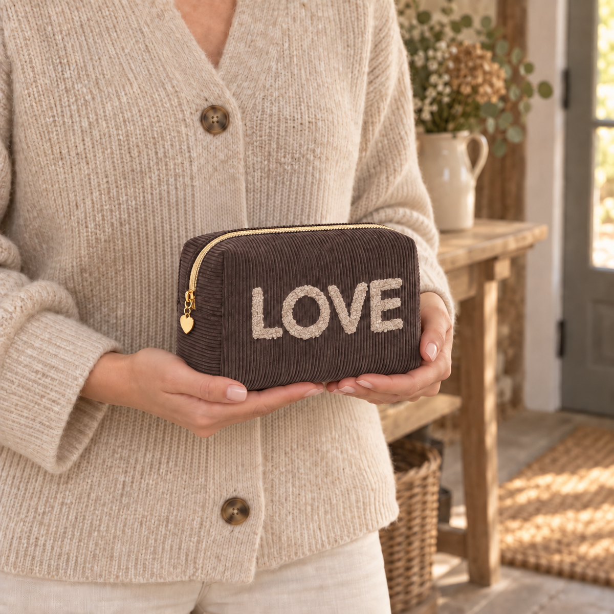 Kosmetiktasche „Love“ Cord Cappuccino Mokka – 2 Farben – 6