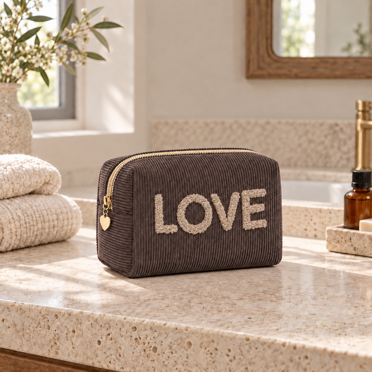 Kosmetiktasche „Love“ Cord Cappuccino Mokka – 2 Farben – 7