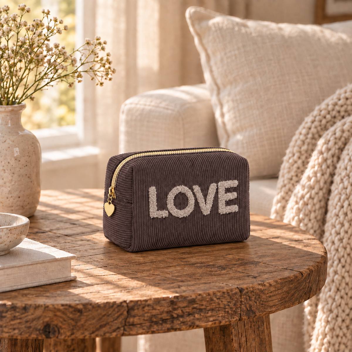 Kosmetiktasche „Love“ Cord Cappuccino Mokka – 2 Farben – 8