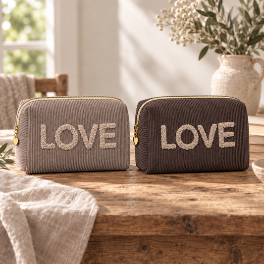 Kosmetiktasche „Love“ Cord Cappuccino Mokka – 2 Farben – 9