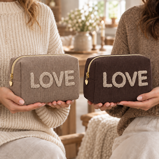 Kosmetiktasche „Love“ Cord Cappuccino Mokka – 2 Farben – 10