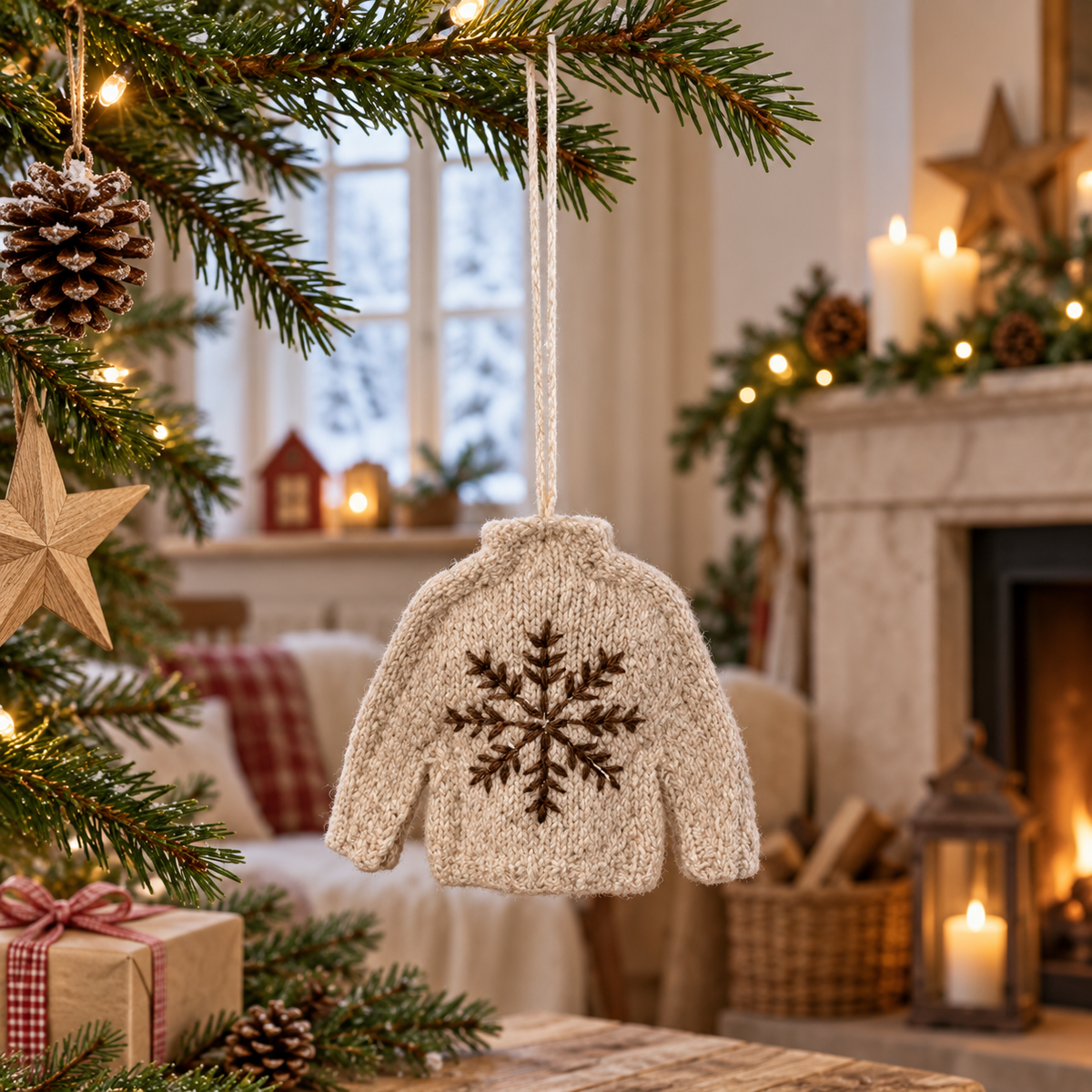 Weihnachtsanhänger Pullover Schneeflocke Creme 15cm im weihnachtlichen Landhausambiente