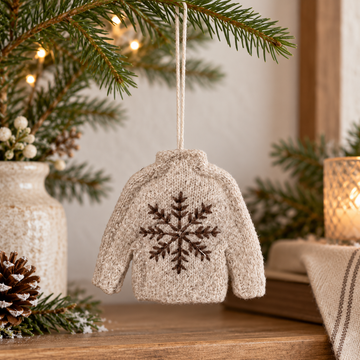 Weihnachtsanhänger Pullover Schneeflocke Creme 15cm in einer winterlichen Nahaufnahme