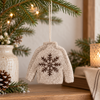 Weihnachtsanhänger Pullover Schneeflocke Creme 15cm in einer winterlichen Nahaufnahme