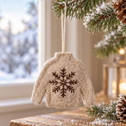 Weihnachtsanhänger Pullover Schneeflocke Creme 15cm aus anderer Perspektive im winterlichen Setting