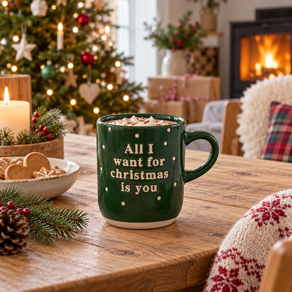 Tasse „Deep Evergreen“ All I want for Christmas Grün im weihnachtlichen Landhausambiente