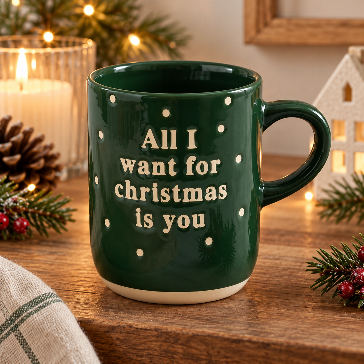Tasse „Deep Evergreen“ All I want for Christmas Grün in einer winterlichen Nahaufnahme