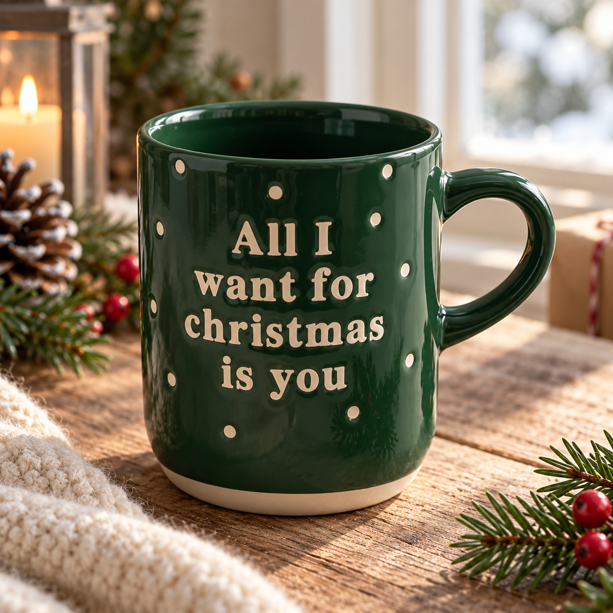 Tasse „Deep Evergreen“ All I want for Christmas Grün aus anderer Perspektive im winterlichen Setting