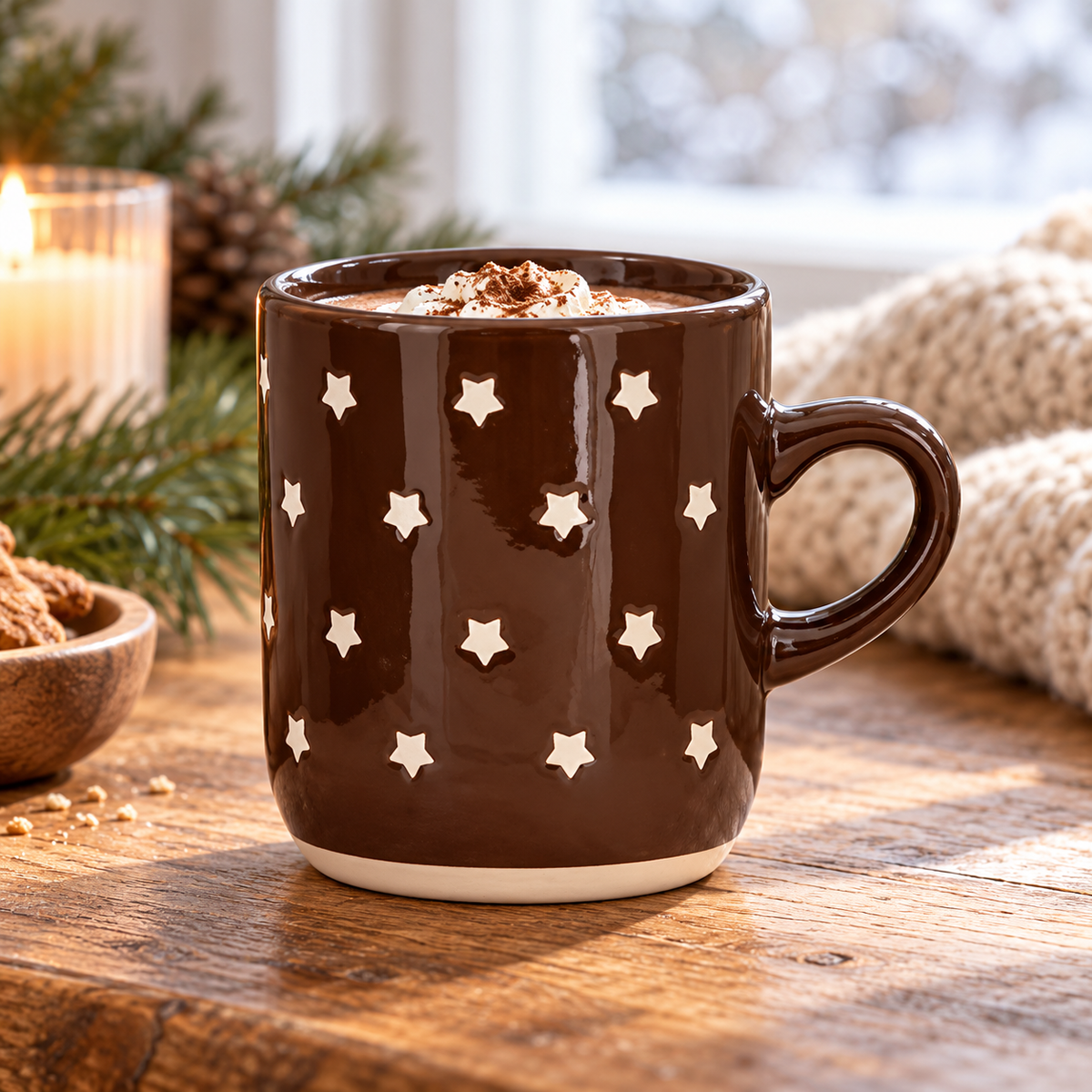 Tasse „Julens Stjerner“ Sterne Braun 9,5cm aus anderer Perspektive im winterlichen Setting