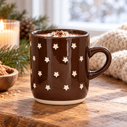 Tasse „Julens Stjerner“ Sterne Braun 9,5cm aus anderer Perspektive im winterlichen Setting