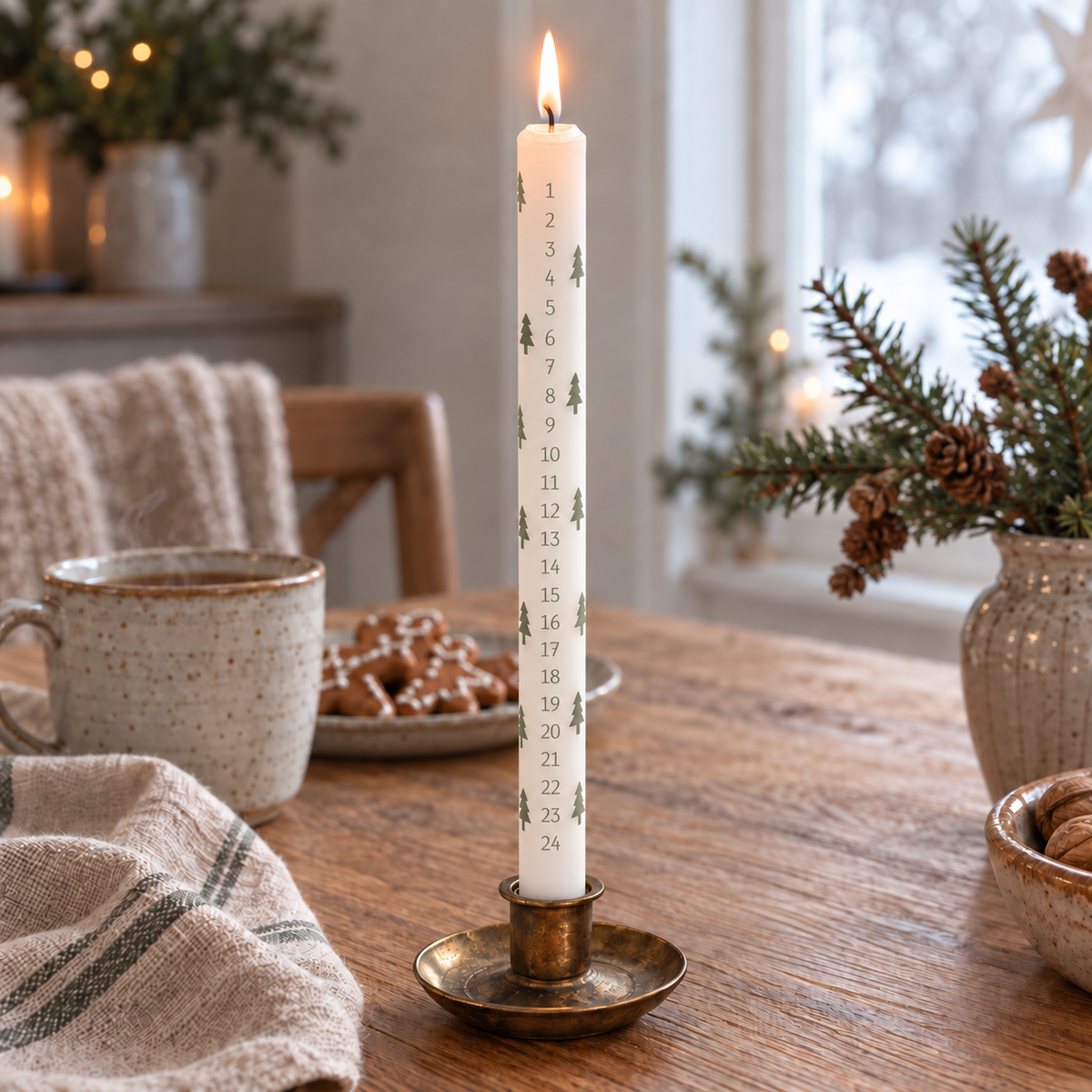 Adventskerze Weihnachtswald mit Zahlen 1 bis 24 auf einem gemütlichen Adventstisch am Fenster