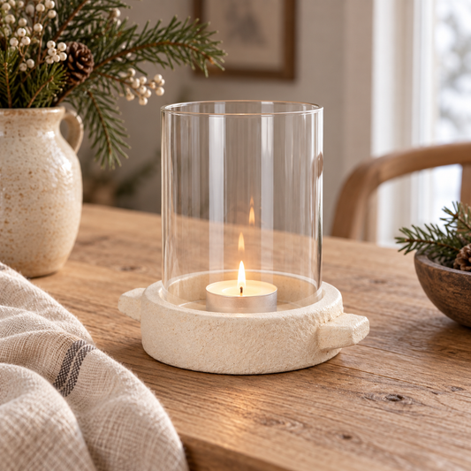Windlicht Jessie mit brennendem Teelicht auf einem Holztisch neben winterlichen Zweigen