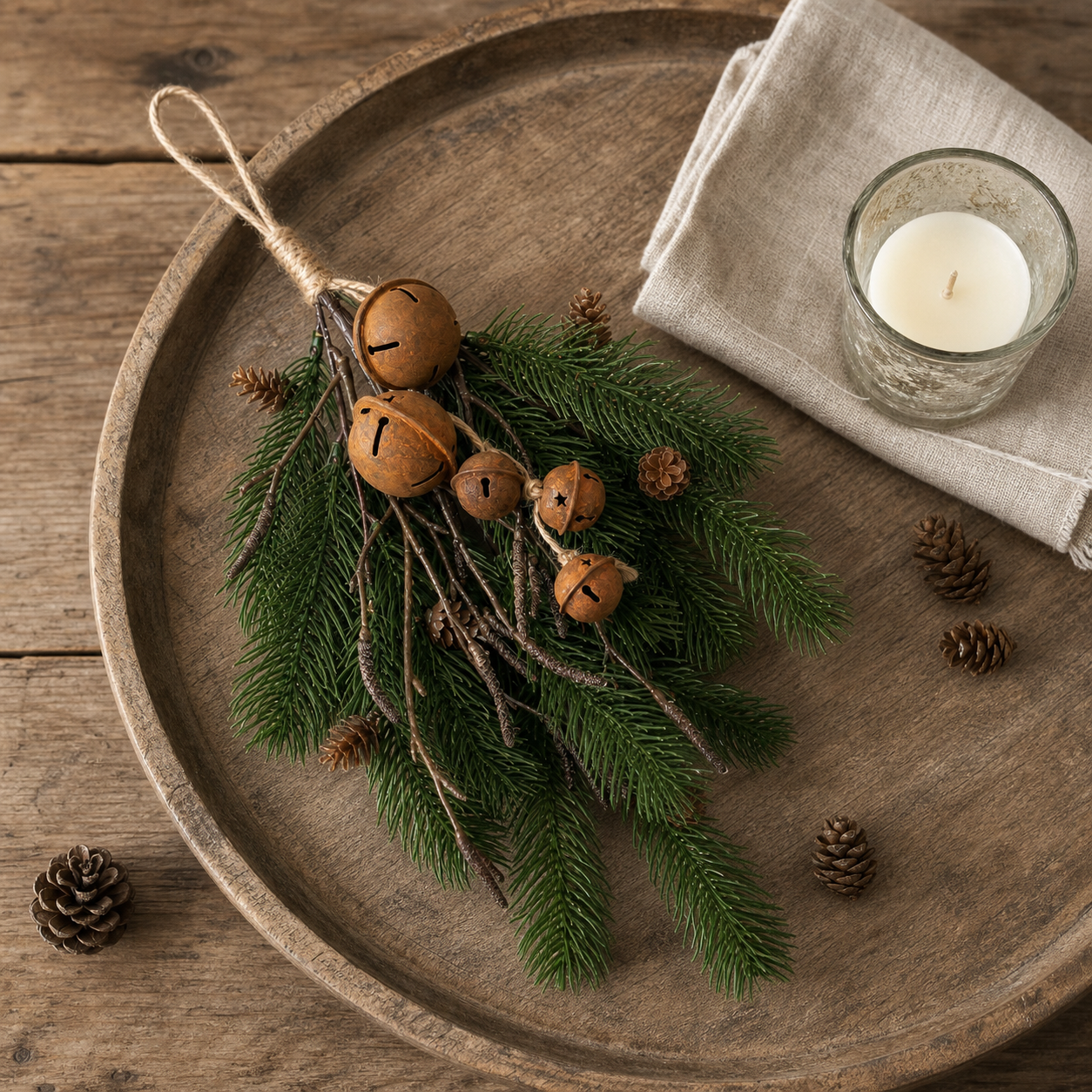 Deko-Zweig Winterklang als Tischdekoration auf einem Holztablett