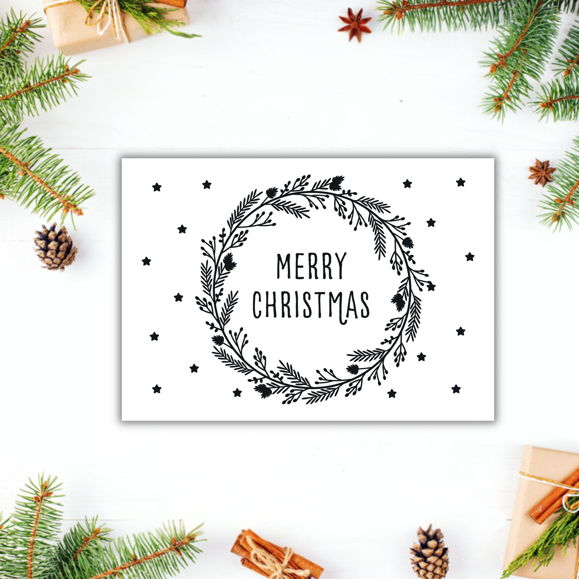 Schwarzer und weißer Weihnachtskranz-Aufkleber mit "Merry Christmas" von Wohnen auf dem Land, dekorativer Aufkleber für Weihnachten