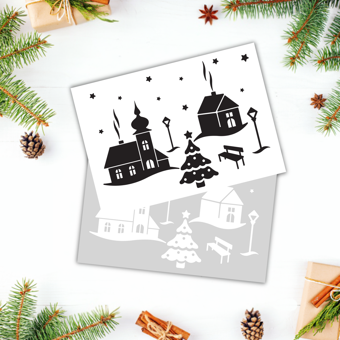 Schwarz-weißer Aufkleber mit Weihnachtsdorf-Design von Wohnen auf dem Land, detailreiche winterliche Landschaftsillustration