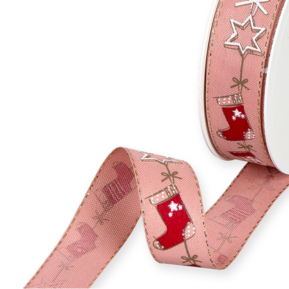Dekoband "Stiefel Weihnachten" Rosa Rot Baumwolle 25mm - Wohnen auf dem Land