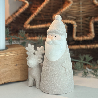 Deko Figur Weihnachtsmann "Santa & Rentier" Raustein glasiert beige 14cm 2 Varianten - Wohnen auf dem Land