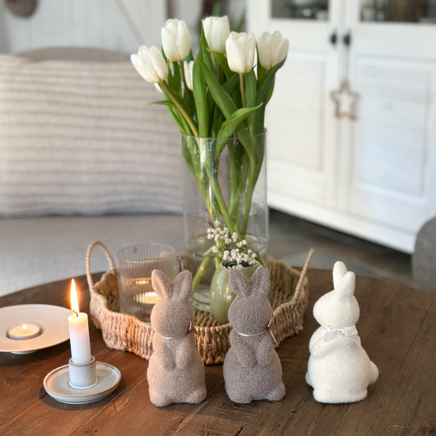 Deko Hase „Flauschi“ beflockt 3 Farben 16cm